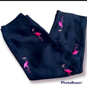 100% Silk Black Capri's Embroidered Pink Flamingos SLB